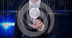 Composition of man touching virtual screen with scope scanning and letters changing