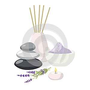 Composition with massage stones, candle, lavender plant, aroma diffuser, bowl full of bath salt In fashionable modern