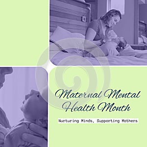 Composition of maternal mental health month text over caucasian mother feeding baby