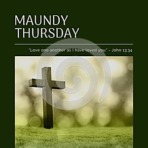 Composition of maundy thursday text over cross and light spots