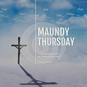 Composition of maundy thursday text over cross and sky with clouds