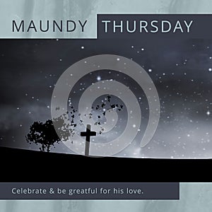 Composition of maundy thursday text over cross and sky with stars