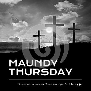 Composition of maundy thursday text over crosses and sky with clouds photo