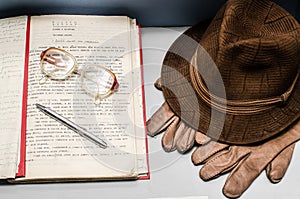 Memorials, still life. Pen, glasses hat. photo