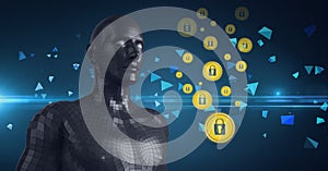 Composition of metallic human bust and online security padlock icons