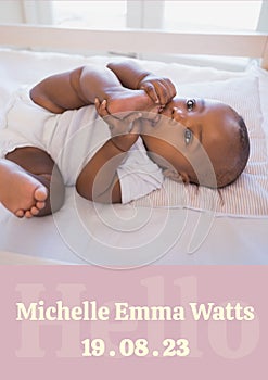Composition of michelle emma watts text with birth date over african american baby photo
