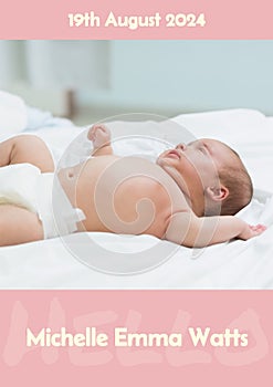 Composition of michelle emma watts text with birth date over caucasian baby on pink background photo