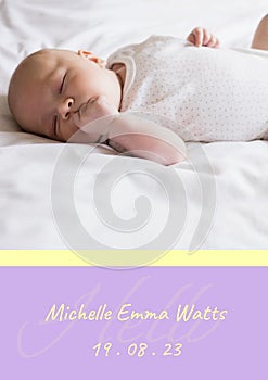 Composition of michelle emma watts text with birth date over caucasian baby on purple background photo