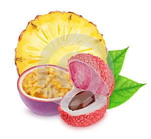 Composition with mix of whole and cutted tropical fruits isolated on a white background with clipping path.