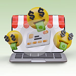 Composition with modern computer, yellow money surprised faces in different positions