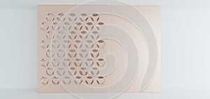 Composition of modern metal, gold and gray abstract ventilation grilles with circular openings.