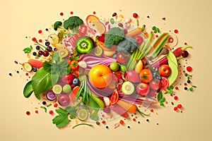 Composition of multicolored fresh vegetables and fruit. Concept of reducetarianism, climate diet, vegetarianism