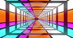 Composition of multicoloured neon grid over black background