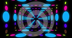 Composition of multicoloured neon grid over black background