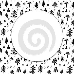 Composition with music note symbols and pine firs forest. Round frame.