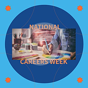 Composition of national careers week text over man using computer and colour wheel