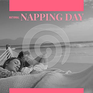 Composition of national napping day text over caucasian couple sleeping in hammock