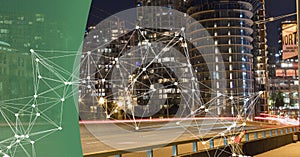 Composition of network of connections with green curved banner over cityscape