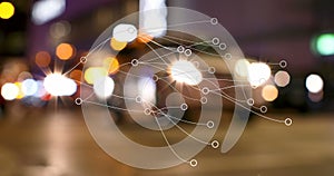 Composition of network of connections with icons and data processing over cityscape