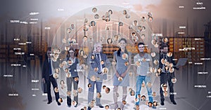 Composition of network of connections with people's photographs over business people