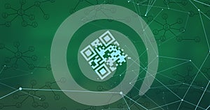 Composition of network of connections with qr code and icons on green background