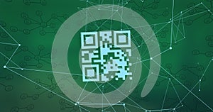 Composition of network of connections with qr code and icons on green background