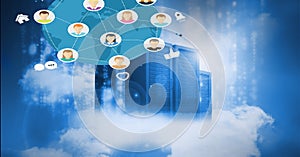 Composition of network of people icons over computer servers