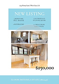 Composition of new listing text with house interior on white background