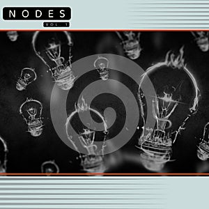 Composition of nodes vol 1 text over glowing light bulbs on black background