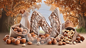 hazelnuts and chocolate on autumn background.