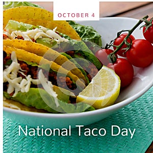 Composition of october 4 national taco day text with tacos on plate