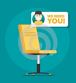 Composition with office chair and sign vacant. Business hiring and recruiting concept. Flat vector illustration