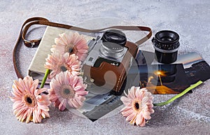 Composition with old camera, lens, photo album, color photos and pink gerbera flowers.World Photography Day, August 19