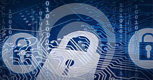 Composition of online security padlock icons over binary coding and computer circuit board