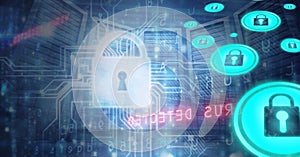 Composition of online security padlocks over computer circuit board and computer servers