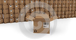 Composition of opened cardboard box over stack of boxes on white background