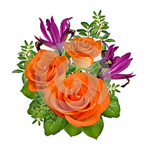 Composition with orande roses and purple irises. Isolated on white background