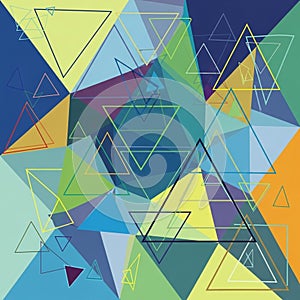 Composition of overlapping triangles in various sizes and colors,