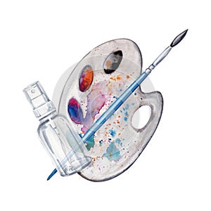 Composition with Paint Brush, Artist Palette and a spray bottle. Watercolor illustration isolated on white background. Stylish
