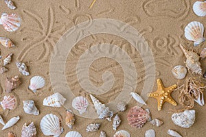 Composition with palm sun painted on sand seashells, pebbles, mockup on sand background. Blank, top view, still life