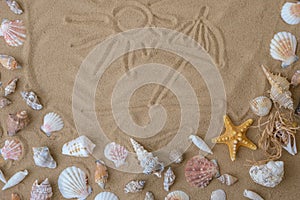 Composition with palm sun painted on sand seashells, pebbles, mockup on sand background. Blank, top view, still life