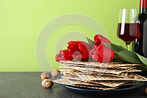 Composition with Passover matzos on background, space for text. Pesach celebration