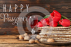 Composition with Passover matzos on table. Pesach celebration