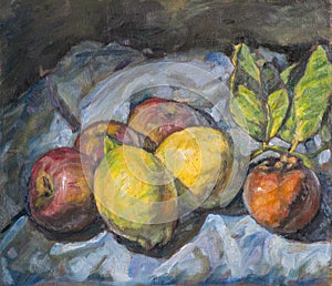 Composition of peaches painted with oil colors