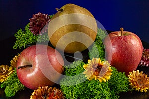 Composition of pears, apples, moss and yellow flowers.