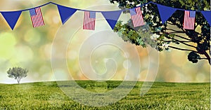 Composition of pennants in red and blue and american flag, over grass and bokeh light in garden