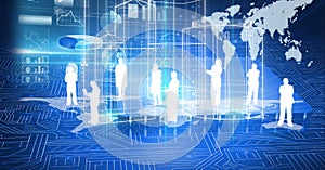 Composition of people icons over world map and digital data processing