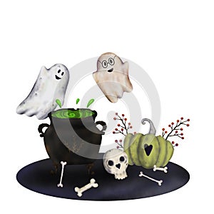 Composition Halloween with a magic pumpkin and ghosts