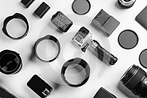 Composition with photographer`s equipment and accessories on background, top view