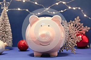 Composition with piggy bank and Christmas decor